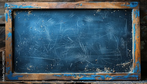 Blue wooden frame blackboard chalkboard for writing with chalk.