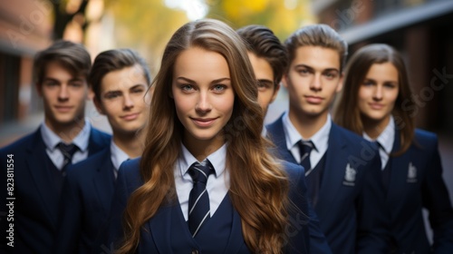 A focused image of a young woman standing out in a group of young male students in matching dark blue uniforms