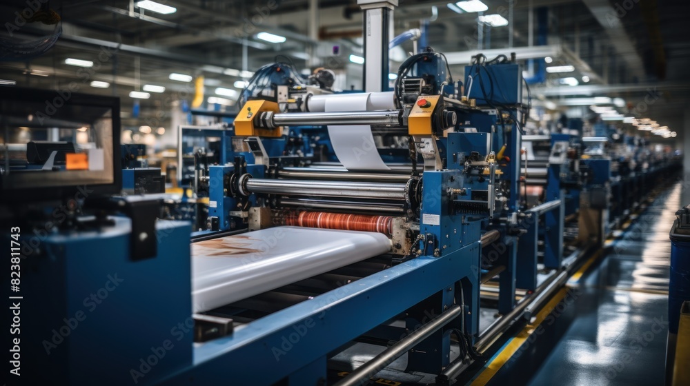 Wide-angle view of a modern industrial printing press with large rolls of paper and machinery in a factory setting