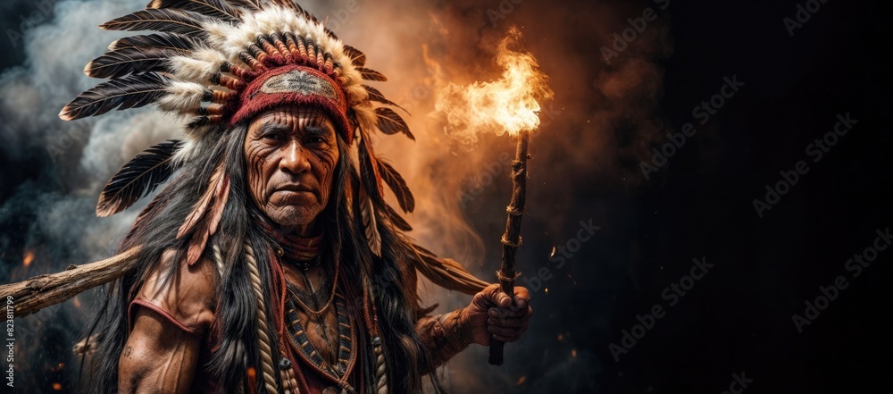 Obraz premium Guardian of Wisdom: The Legacy of Authority, Indian Chief and His Symbolic Feathers Holding a Torch Maintaining Sacred Tradition. Black Background - Copy Space.