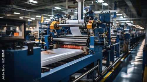 Wide-angle view of a modern industrial printing press with large rolls of paper and machinery in a factory setting