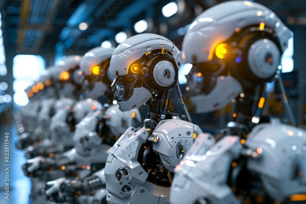 Advanced robots working in a factory, AI generated Advanced robots working in a factory, AI generated