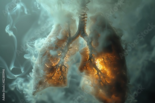 Pulmonology image of respiratory system during inspiration and expiration showing diaphragm movement photo