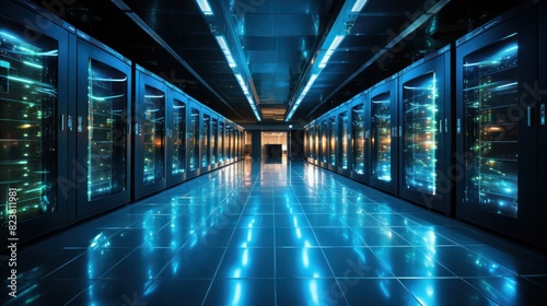 An impressive and futuristic data center with rows of servers and blue LED lighting, representing high technology and information