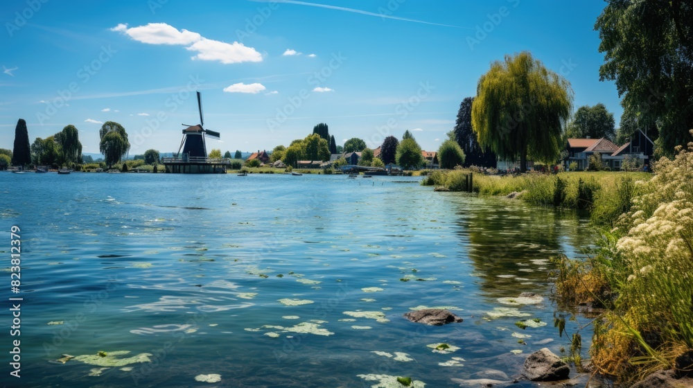 A picturesque Dutch landscape featuring a windmill beside a tranquil lake with lush foliage