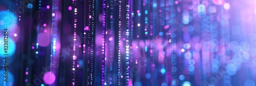 Digital background featuring blue and purple glowing data, light particles, bokeh lights