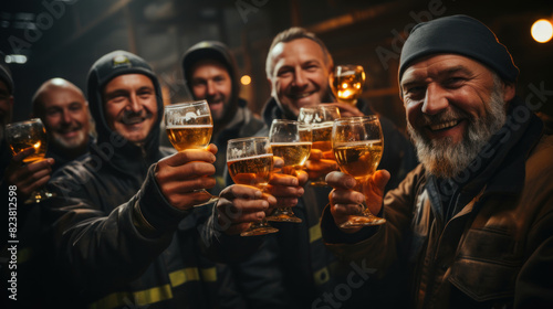 A group of cheerful middle-aged men in casual attire toasting with beer glasses, creating a warm camaraderie photo