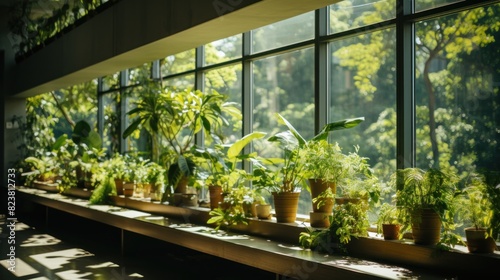 The photo showcases a variety of healthy indoor plants on a wooden window sill bathed in natural sunlight