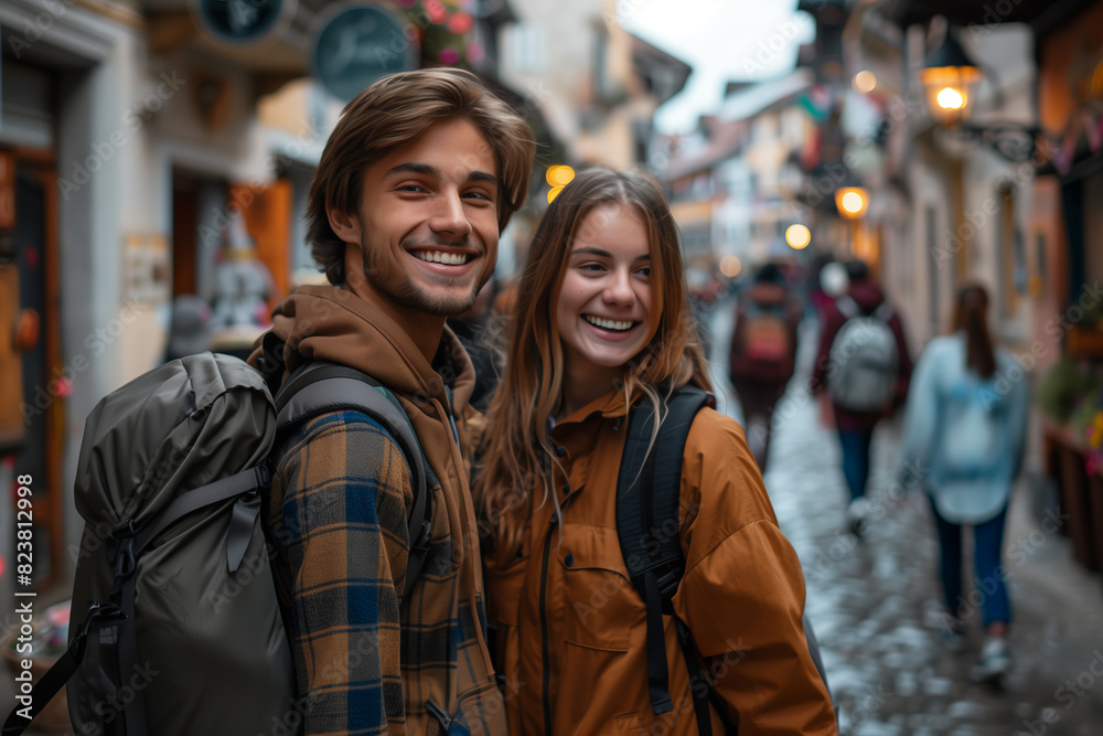 Young Caucasian couple smiling and walking along the street together with backpacks in Europe.