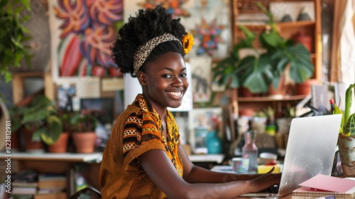 Joyful Artist at Her Desk