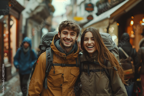 Young Caucasian couple smiling and walking along the street together with backpacks in Europe. © S photographer