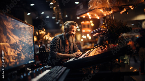 An engaged and passionate male with a beard works diligently at his computer in a vibrant office environment