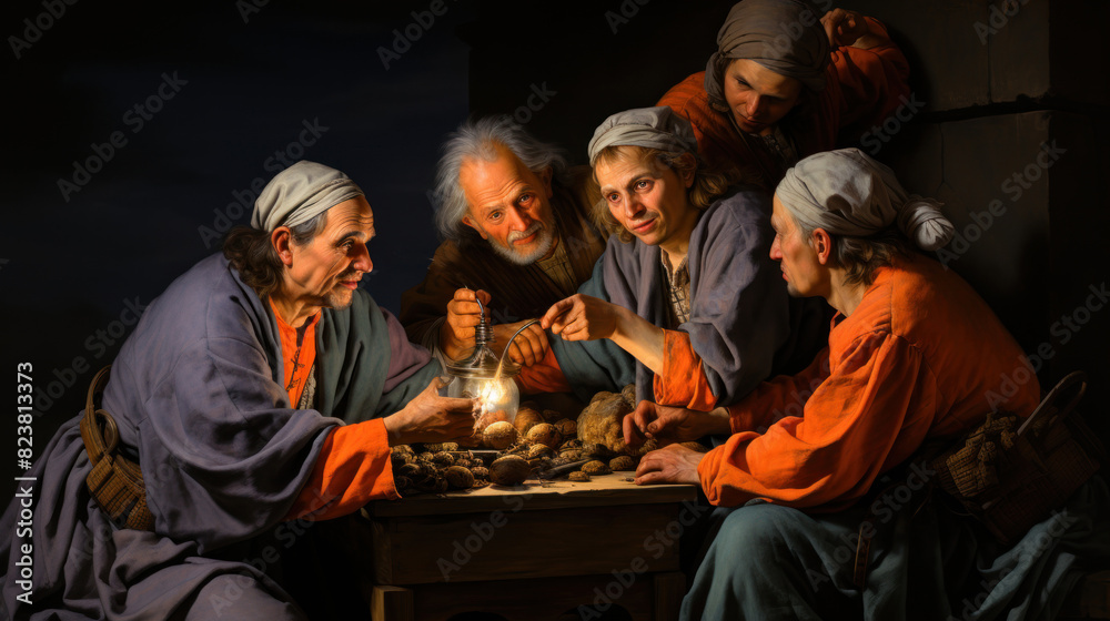 A group of people dressed in traditional attire engage in an animated discussion by candlelight, reminiscent of classic paintings
