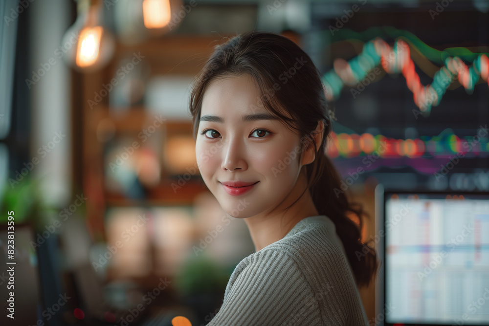 Asian woman smiling confidently at table with computer screen showing stock market charts and graphs. Asian woman smiling confidently at table with computer screen showing stock market charts and graphs.