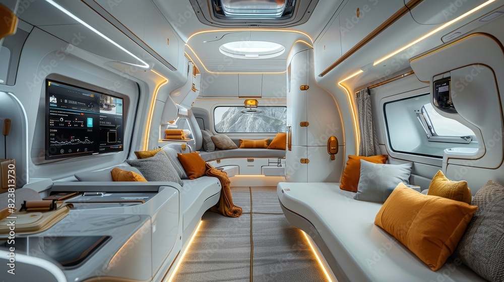A white and orange van with two couches and a TV A white and orange van with two couches and a TV