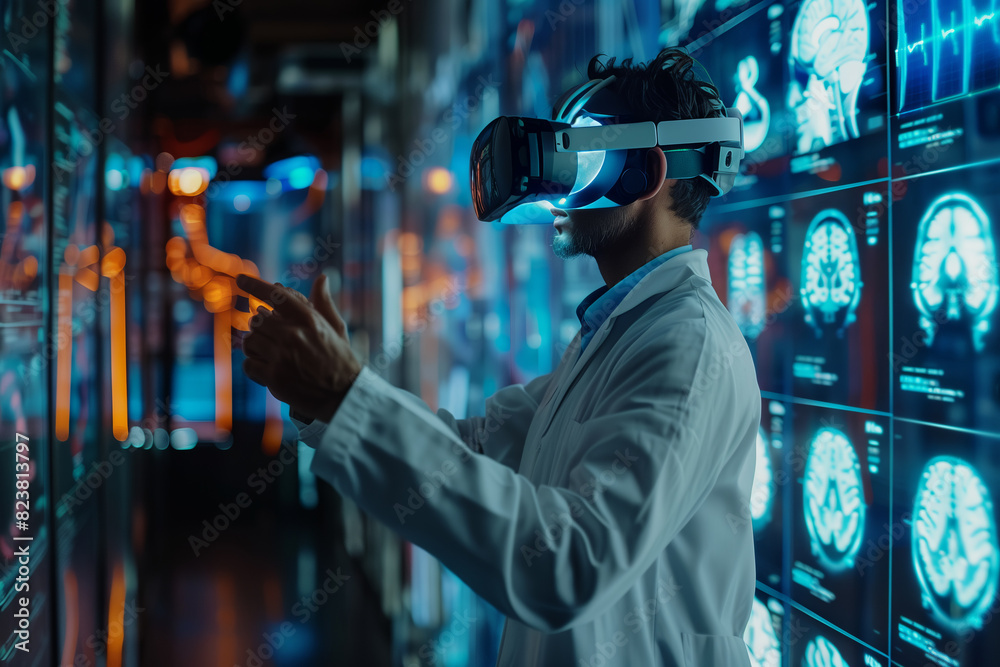 Scientists wear VR goggles on their heads and are touching a virtual holographic brain model in their office.
