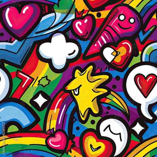 Pop art-inspired pride icons and comic elements, seamless pattern, illustration, bold and bright colors, capturing the fun and dynamic spirit of the LGBTQ community