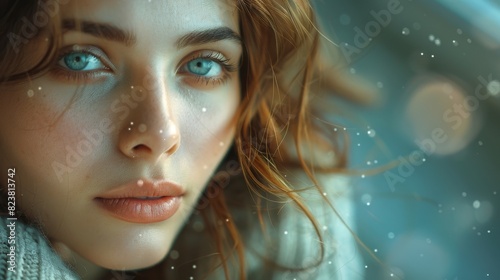 Close-up portrait of a young woman with captivating green eyes against a backdrop with enchanting bokeh lights © familymedia
