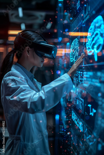 Scientists wear VR goggles on their heads and are touching a virtual holographic brain model in their office. © S photographer