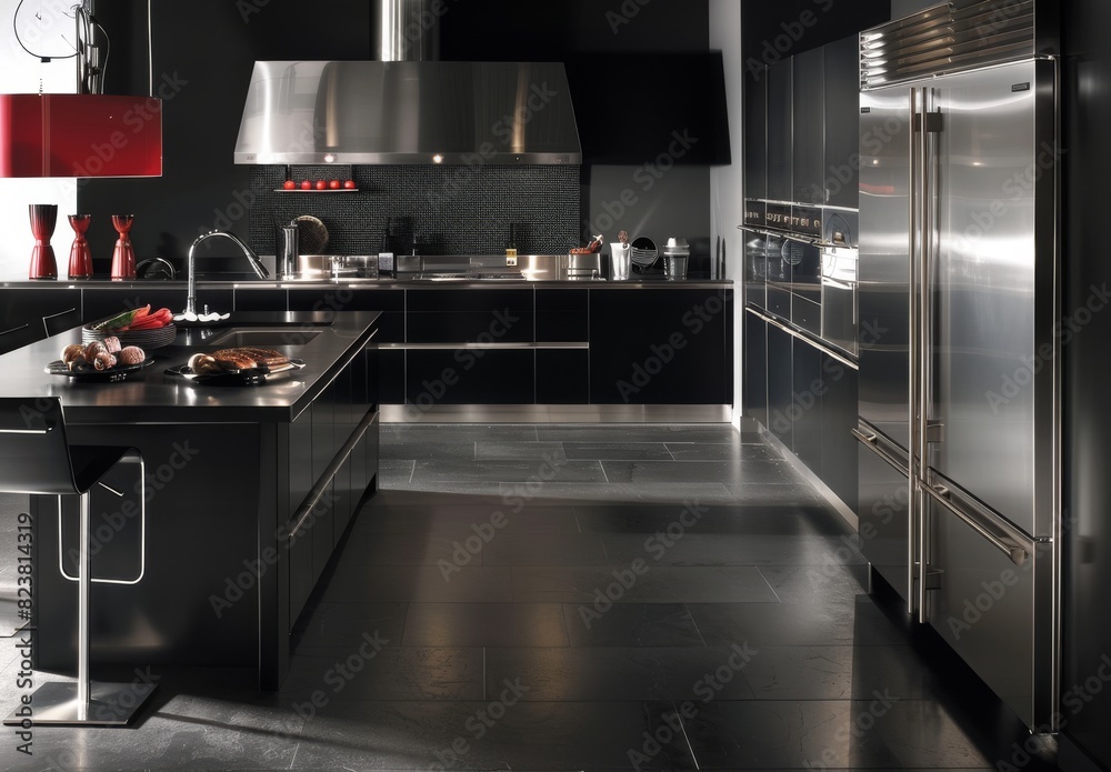 A dark black kitchen with a sleek, modern design radiates industrial chic and elegant sophistication.