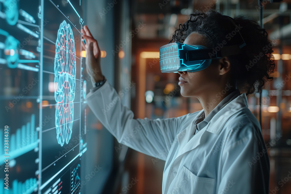 Scientists wear VR goggles on their heads and are touching a virtual holographic brain model in their office. Scientists wear VR goggles on their heads and are touching a virtual holographic brain model in their office.