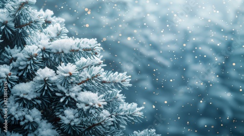 Close-up image of frosty pine branches during winter with soft bokeh lights in the background for a magical atmosphere