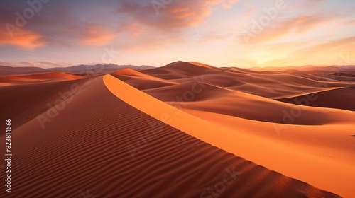 Sunset panoramic view of desert dunes.