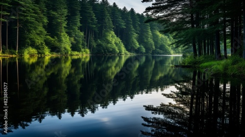 Tranquil forest lake reflects surroundings.