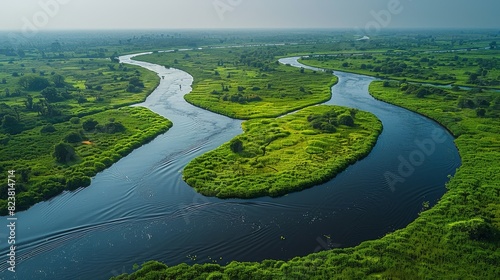 Serene drone shot capturing the snake-like meandering of a river through vibrant green wetlands