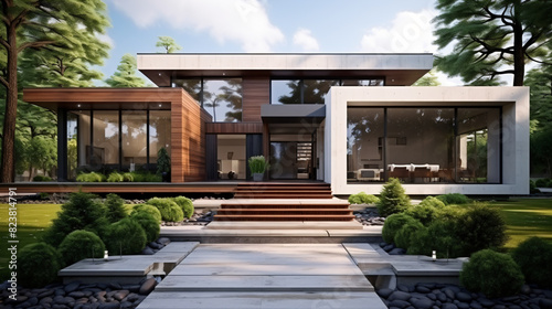 3d rendering of a modern house with garden