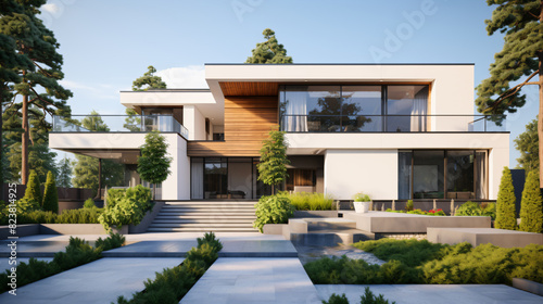 3d rendering of a modern house with garden