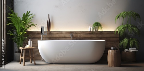 An eco-friendly minimalist bathroom features a sleek sink  pristine white bathtub  and a window offering ample natural light  creating a serene and inviting space.