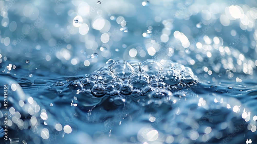 Vivid image of water surface with sparkling light and bubbles Freshness, purity, hydration