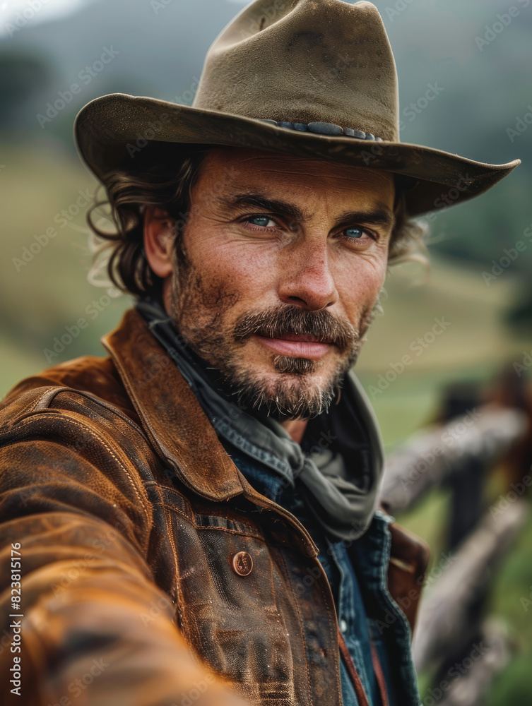 A rugged cowboy in a hat stands outdoors in the countryside.