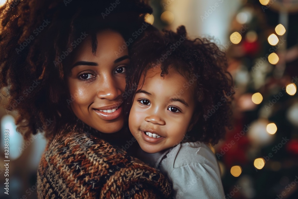Joyful african american mother and daughter sharing a loving hug with christmas lights in the background Joyful african american mother and daughter sharing a loving hug with christmas lights in the background