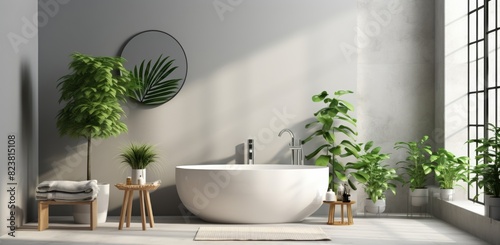 An eco-friendly minimalist bathroom features a sleek sink  pristine white bathtub  and a window offering ample natural light  creating a serene and inviting space.