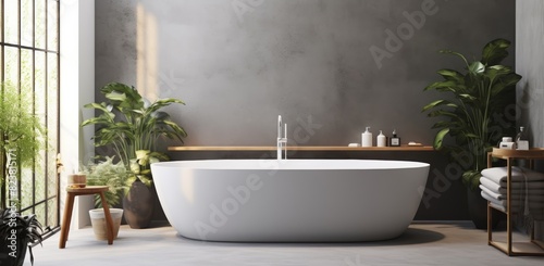 An eco-friendly minimalist bathroom features a sleek sink  pristine white bathtub  and a window offering ample natural light  creating a serene and inviting space.