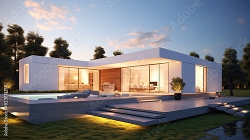 3d rendering of a modern house with garden