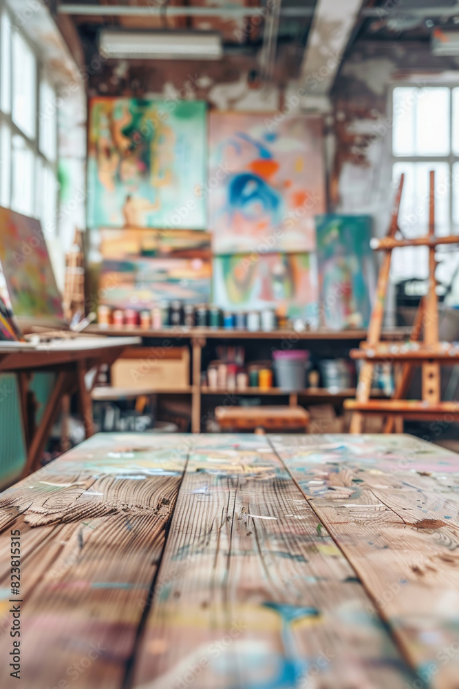 Naklejka premium A wooden table in the foreground with a blurred background of an art studio. The background includes easels with canvases, paintbrushes, palettes, colorful paintings on the walls, and shelves