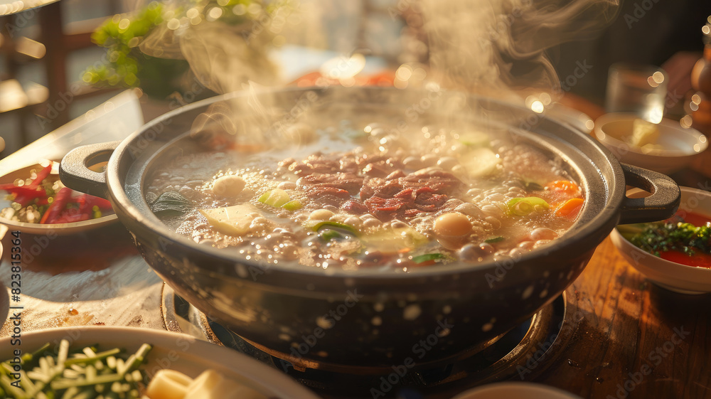A hot pot boiling with vegetables and broth on a dining table. A hot pot boiling with vegetables and broth on a dining table.