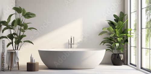 An eco-friendly minimalist bathroom features a sleek sink  pristine white bathtub  and a window offering ample natural light  creating a serene and inviting space.