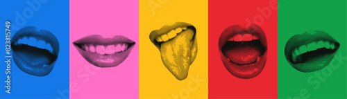 Women half-tone lips. Set of cut out vector elements in vintage style for creating retro collages.
