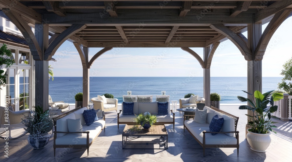 A stunning view of the ocean from an openair lounge, showcasing elegant wooden beams and white furniture with dark blue accents A stunning view of the ocean from an openair lounge, showcasing elegant wooden beams and white furniture with dark blue accents