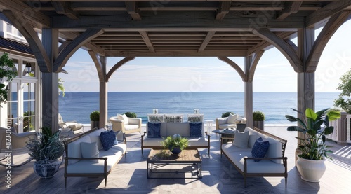 A stunning view of the ocean from an openair lounge, showcasing elegant wooden beams and white furniture with dark blue accents © Chand Abdurrafy