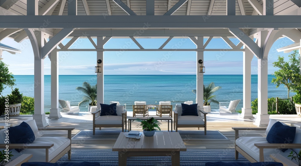 Fototapeta premium A stunning view of the ocean from an openair lounge, showcasing elegant wooden beams and white furniture with dark blue accents
