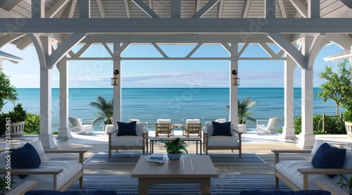 A stunning view of the ocean from an openair lounge  showcasing elegant wooden beams and white furniture with dark blue accents