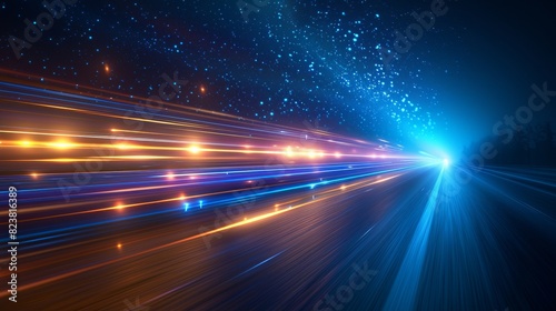 Abstract depiction of high-speed motion, with light streaks zooming past on a dark simulated roadway under a night sky