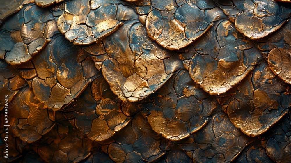 A highly detailed close-up image of what resembles golden dragon scales with a textured metallic sheen