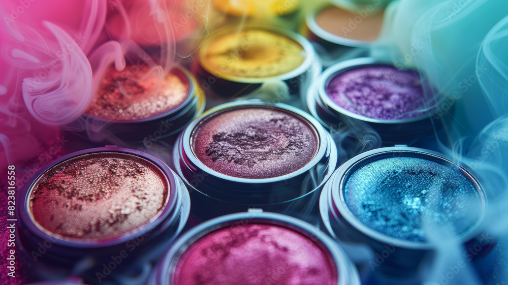 Various colorful eyeshadows with smoke around them. Various colorful eyeshadows with smoke around them.
