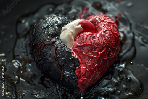 Illustration of a heart split in half, one side oozing blood and the other side flowing with milk, symbolizing internal conflict and balance, photo